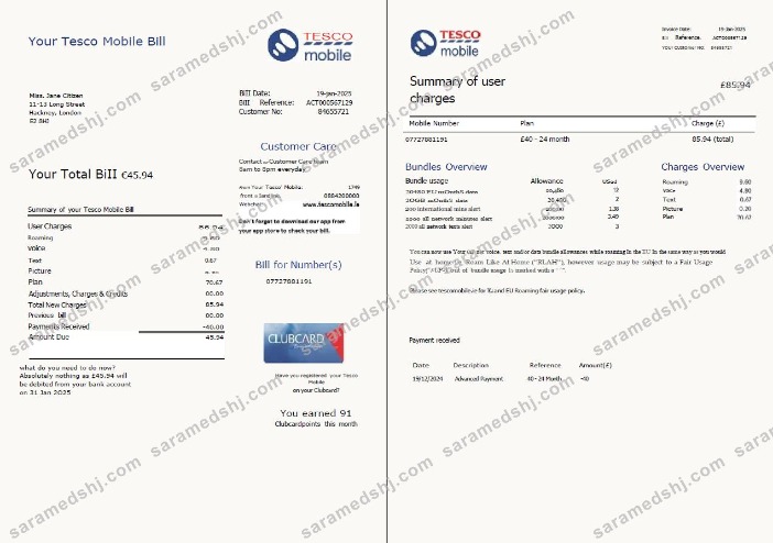United Kingdom Tesco Mobile utility bill template in Word and PDF formats, 2 pages, version 2